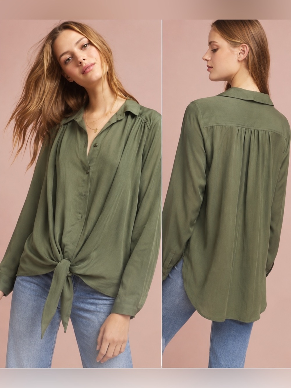 Maeve Anthropologie Olive Tie Front Blouse Sz Small